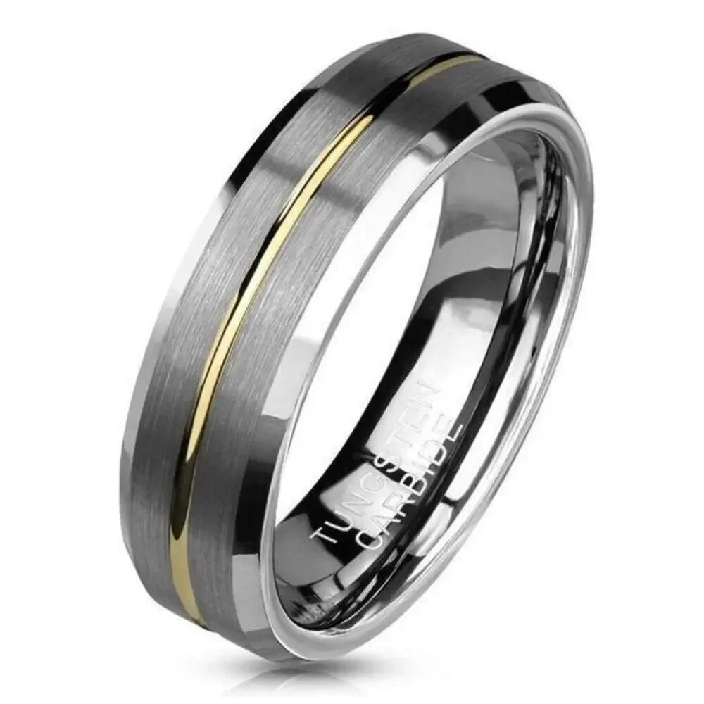 Brushed Finish‎ Gold Groove Beveled Edges Tungsten Carbide Ring. 6mm size 10